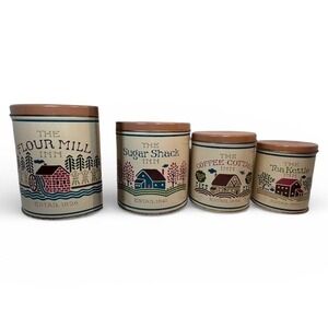 Vtg Metal Tin Canisters Set of‎ 4 Nesting Storage containers Rustic country